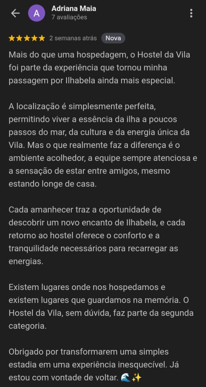 Avaliação 5 estrelas de Adriana Maia sobre o Hostel da Vila no Google
