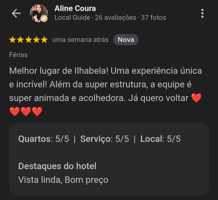 Avaliação 5 estrelas de Aline Coura sobre o Hostel da Vila no Google