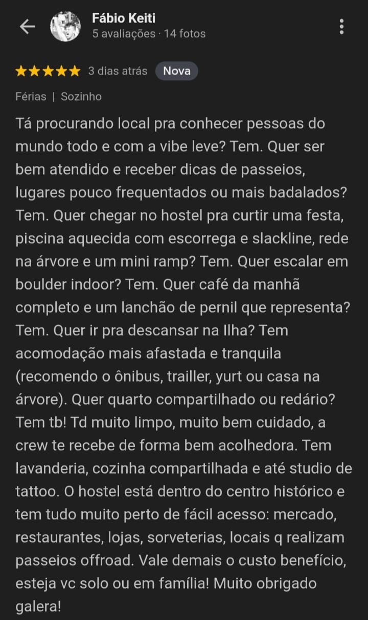 Avaliação 5 estrelas de Fábio Keiti sobre o Hostel da Vila no Google