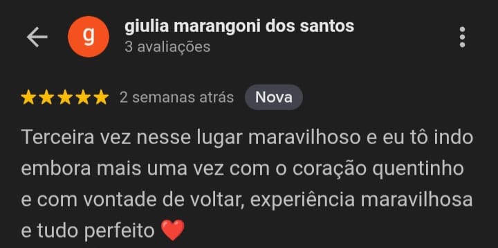 Avaliação 5 estrelas de giulia marangoni dos santos sobre o Hostel da Vila no Google