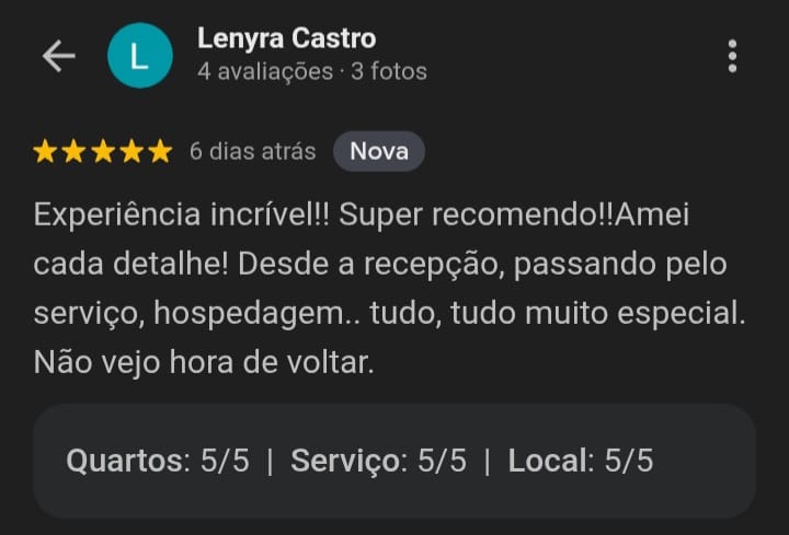 Avaliação 5 estrelas de Lenyra Castro sobre o Hostel da Vila no Google