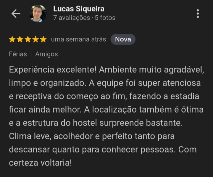 Avaliação 5 estrelas de Lucas Siqueira sobre o Hostel da Vila no Google